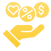 Hand holding heart, percent, and dollar icons