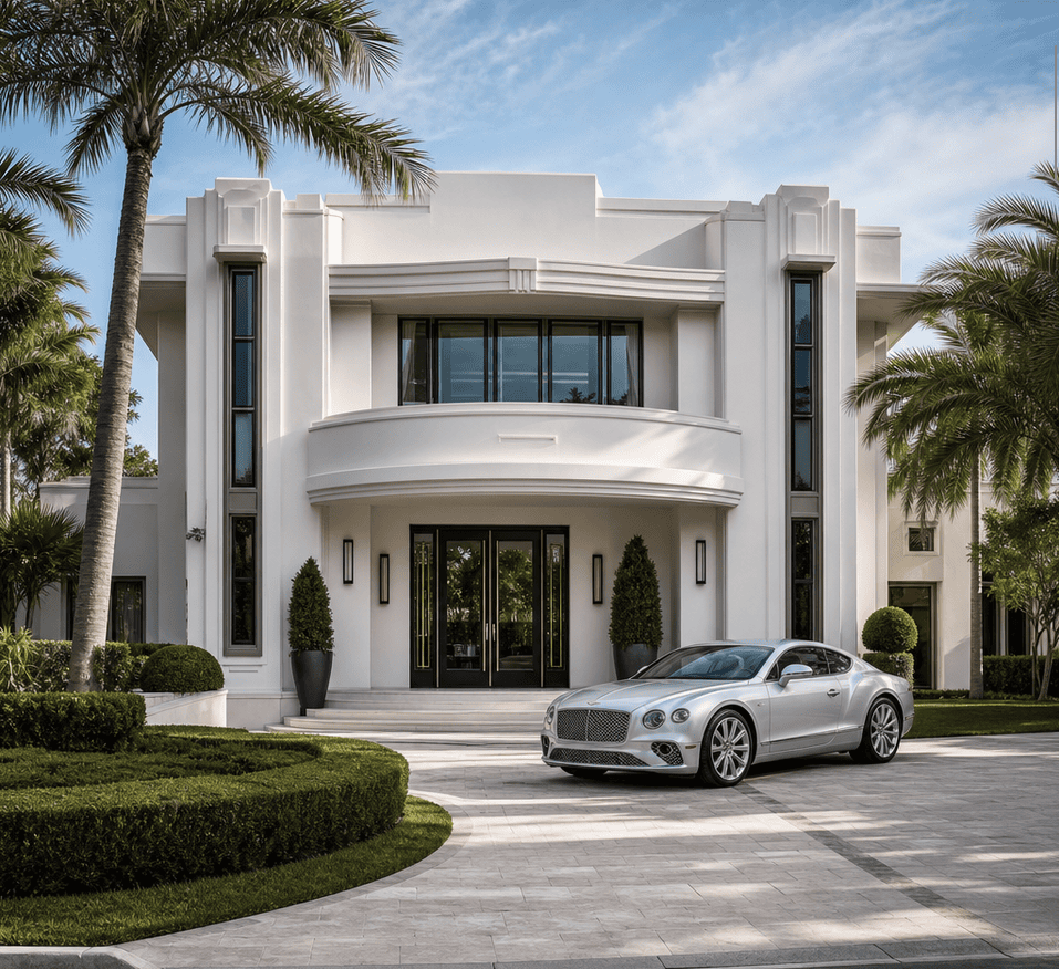 Modern luxury mansion with silver car