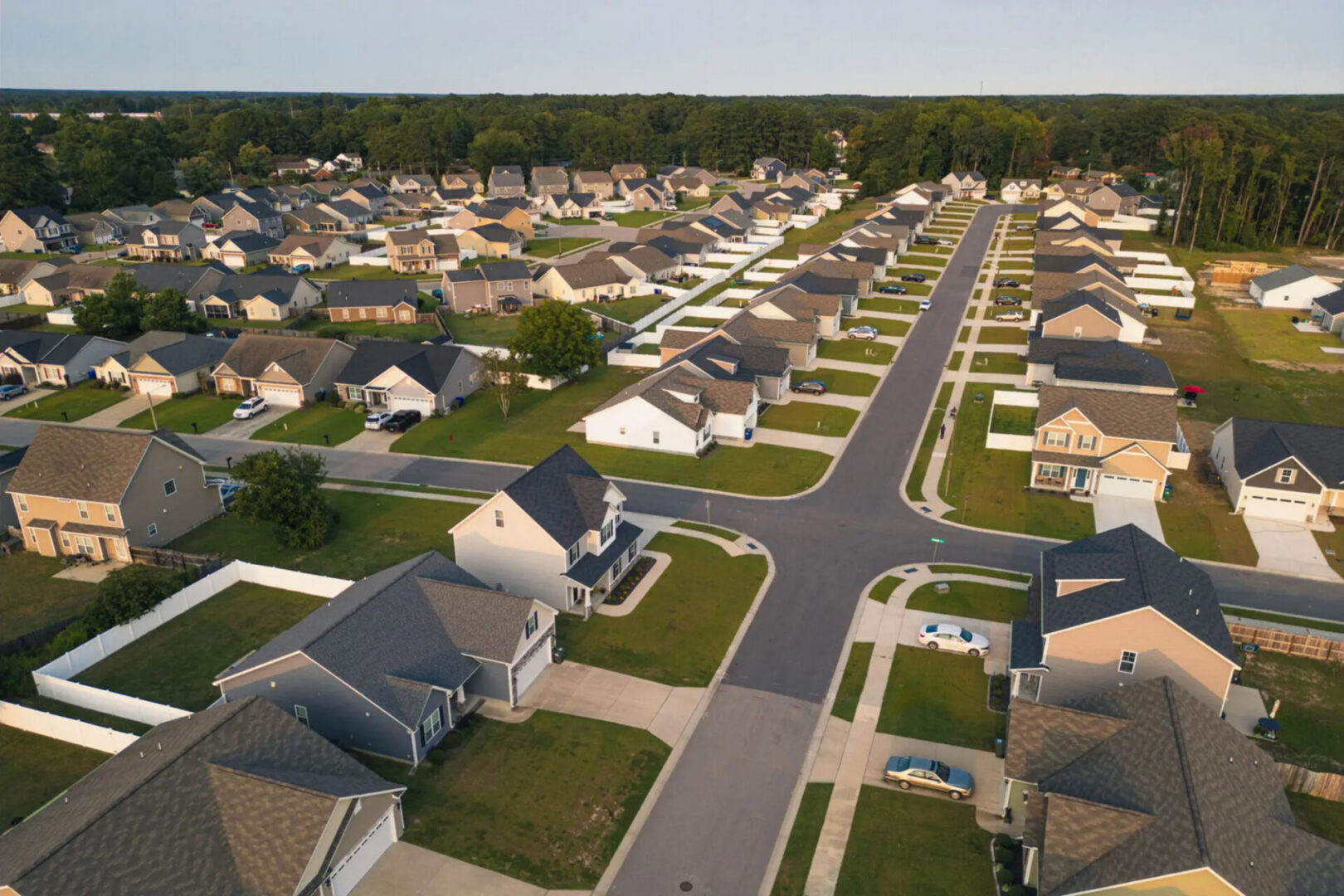 Aerial view of suburban houses and streets