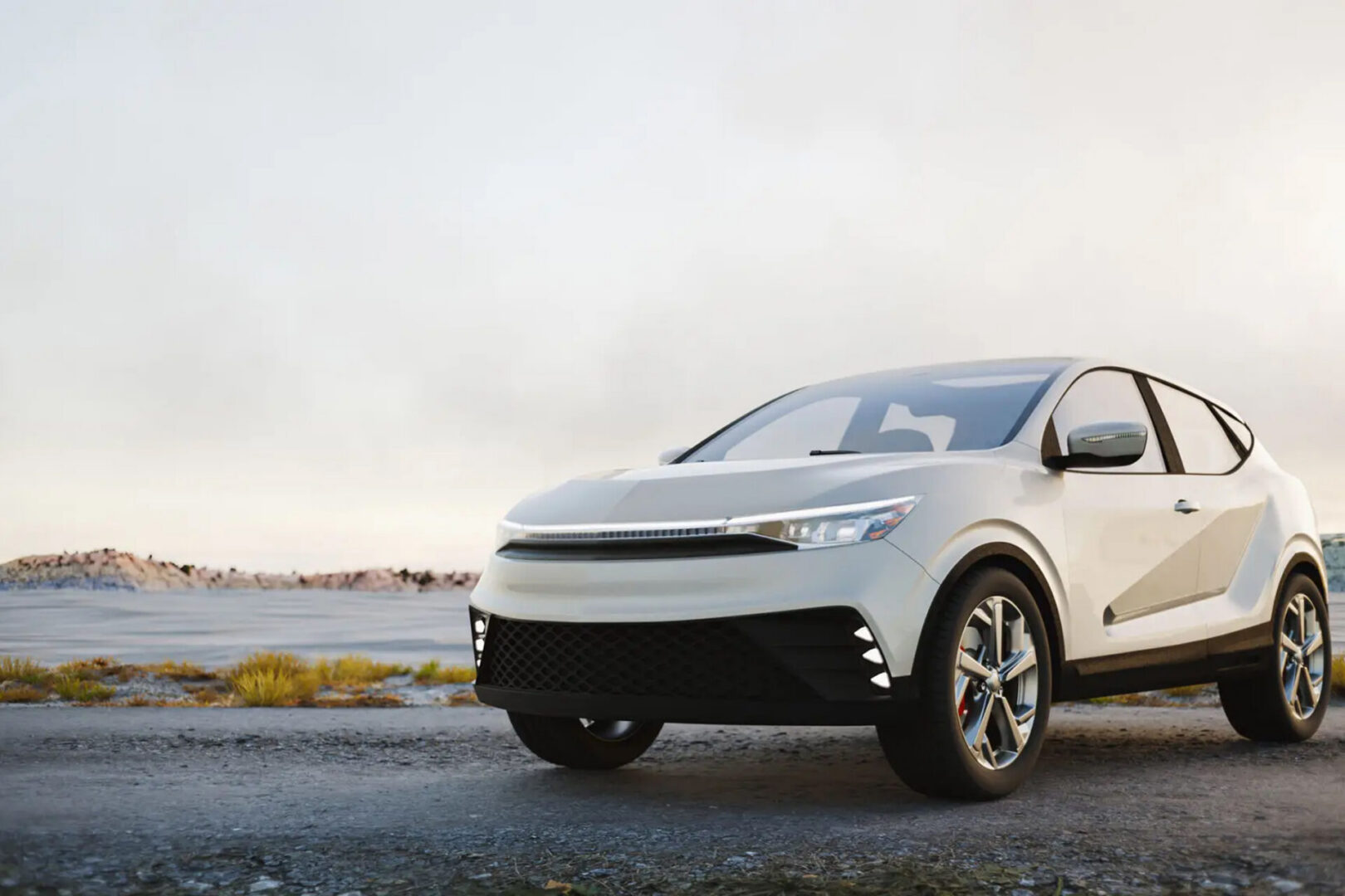 White electric crossover SUV on desert road