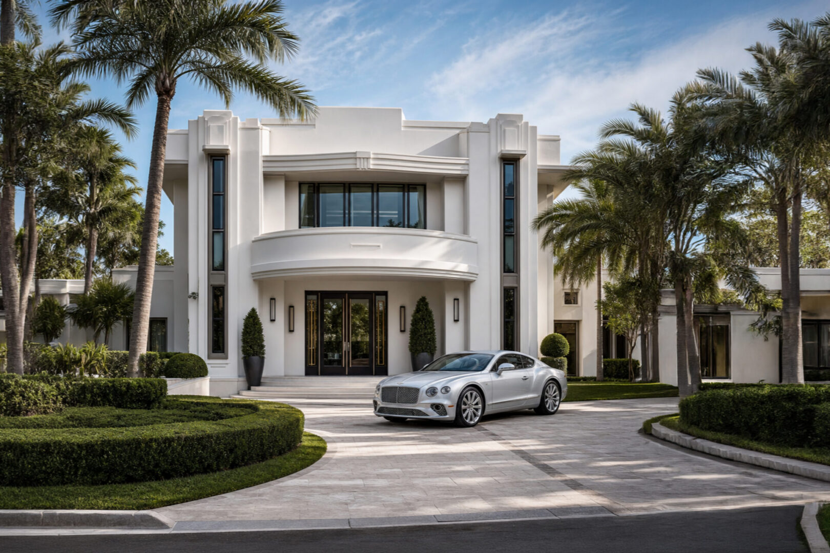Luxury mansion with silver sports car and palms