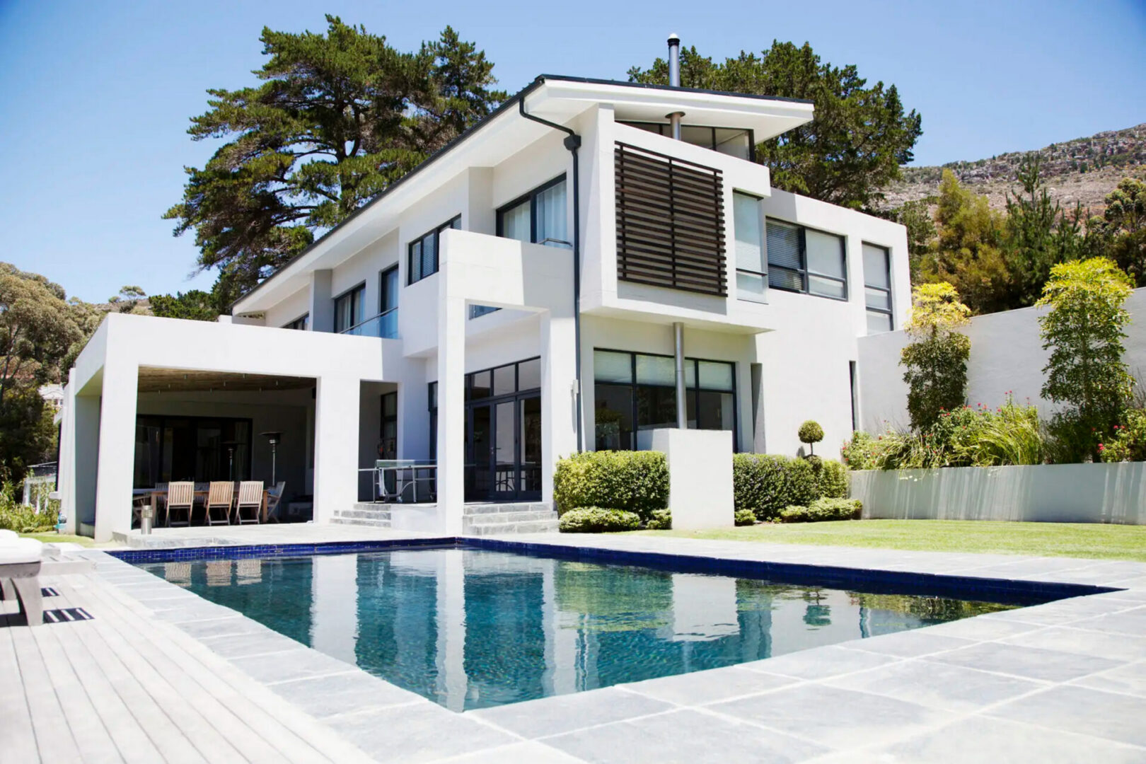 Modern luxury white house with swimming pool