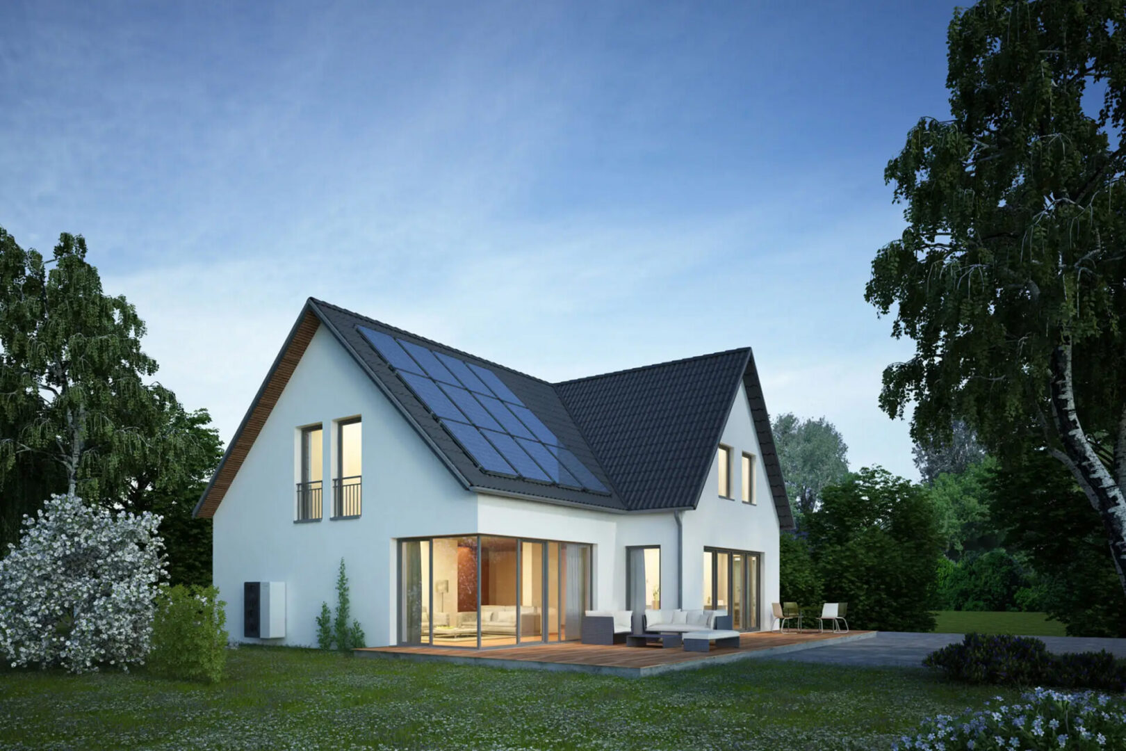 Modern white house with rooftop solar panels