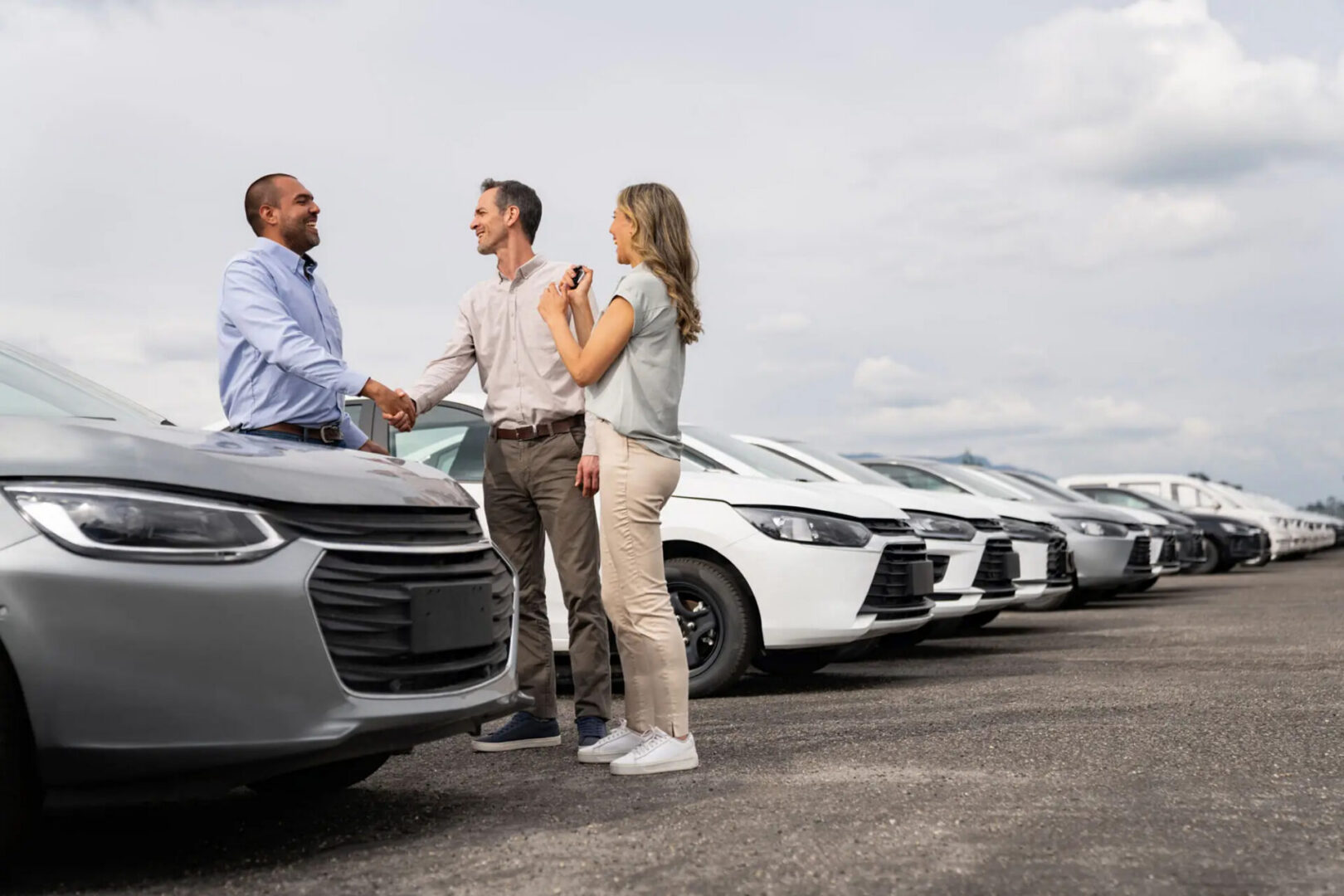 Car salesman shaking hands with customers at dealership